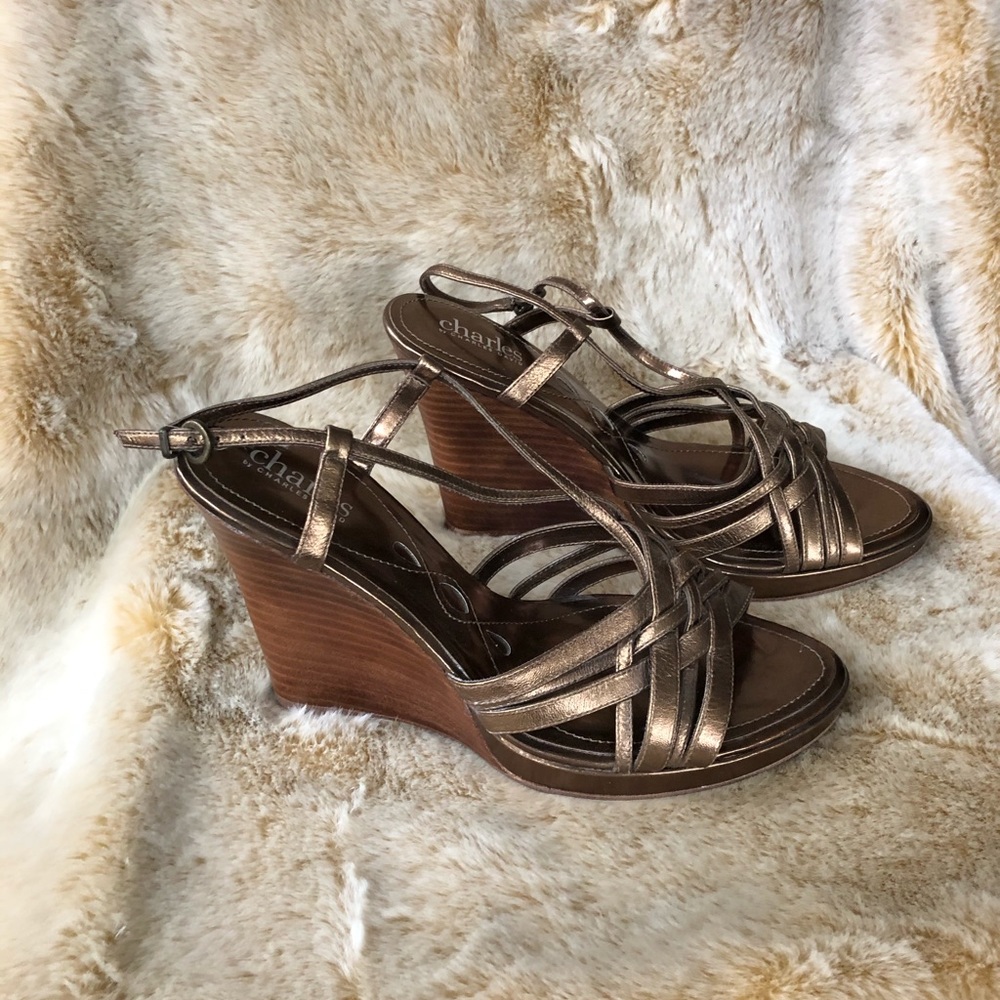 Charles David Bronze Leather Strappy Wedges Sz 9
